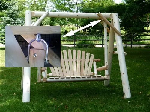 Wooden porch swing with slat seat and visible hanging chain hardware