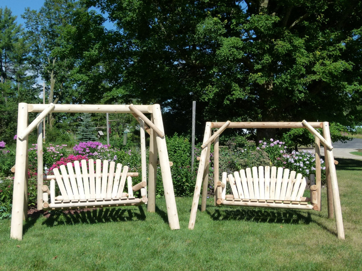 Wooden porch swing set with two plank seat backs and frame
