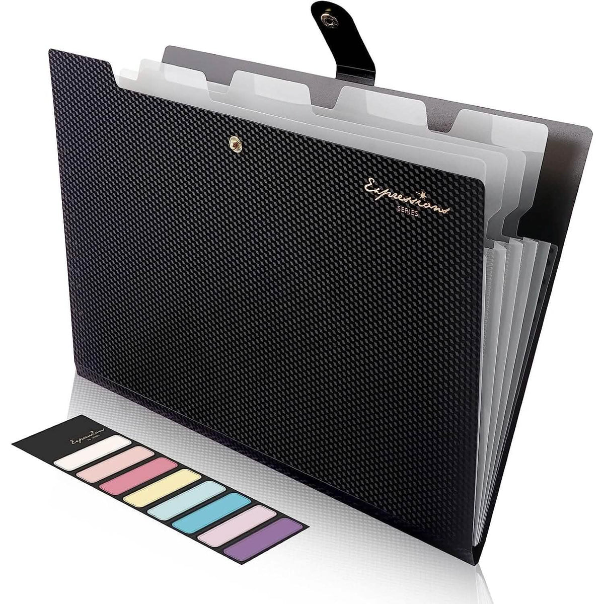 Black letter-size expanding file folder organizer with 5 pockets and label tabs