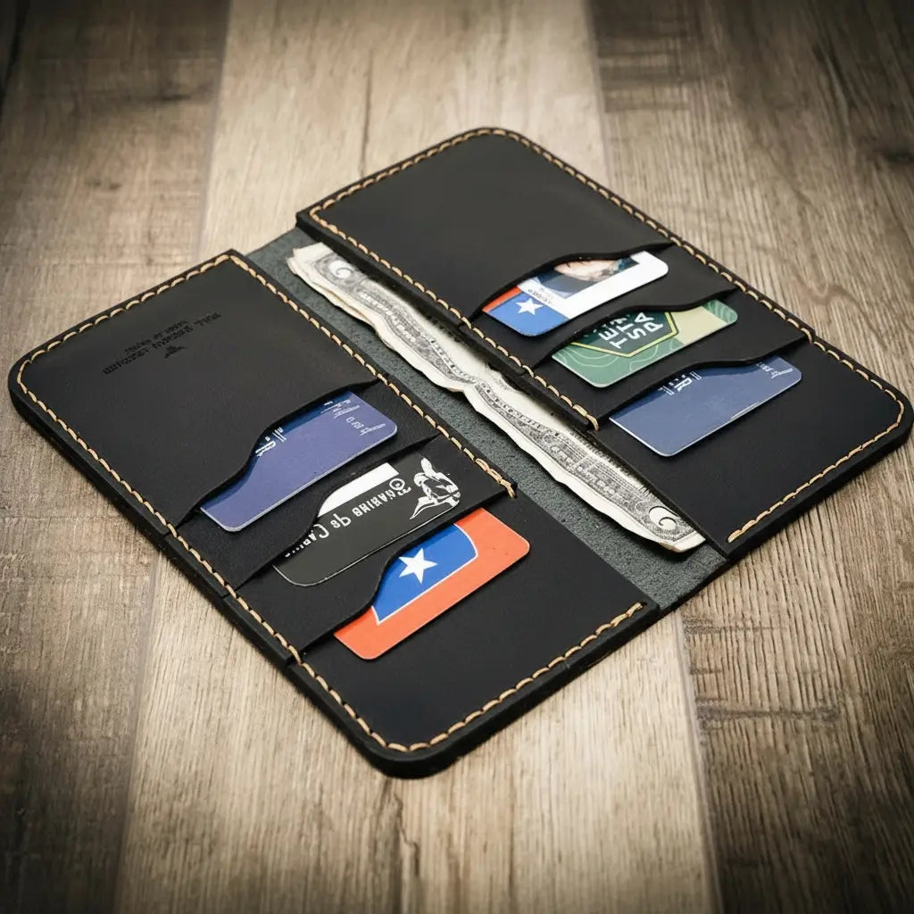 Black leather long wallet open with card slots and several inserted cards