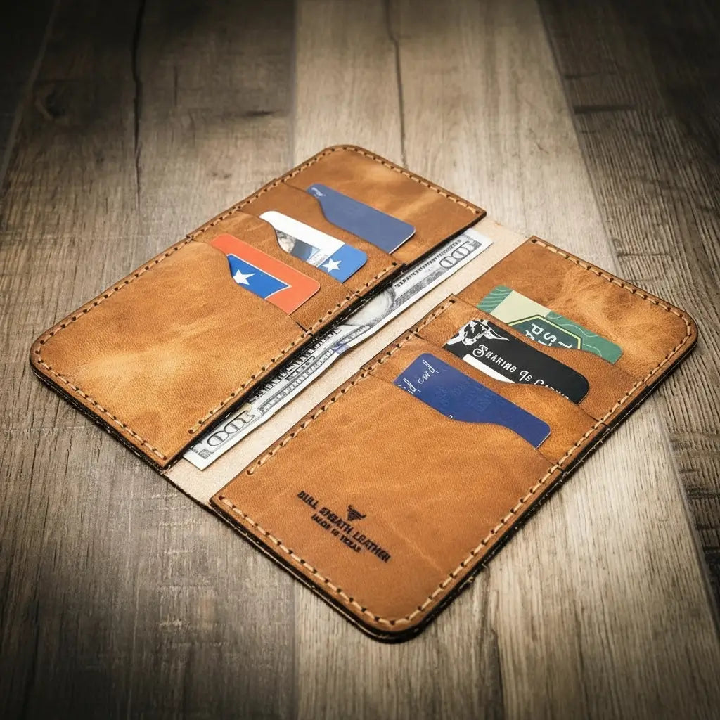 Long leather wallet in tan with card slots and bill compartment, stitched edges.