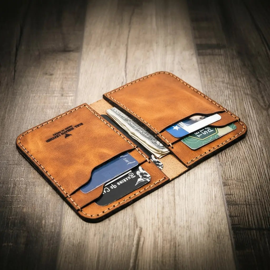 Open tan leather vertical wallet, card slots with cards and bill holder section