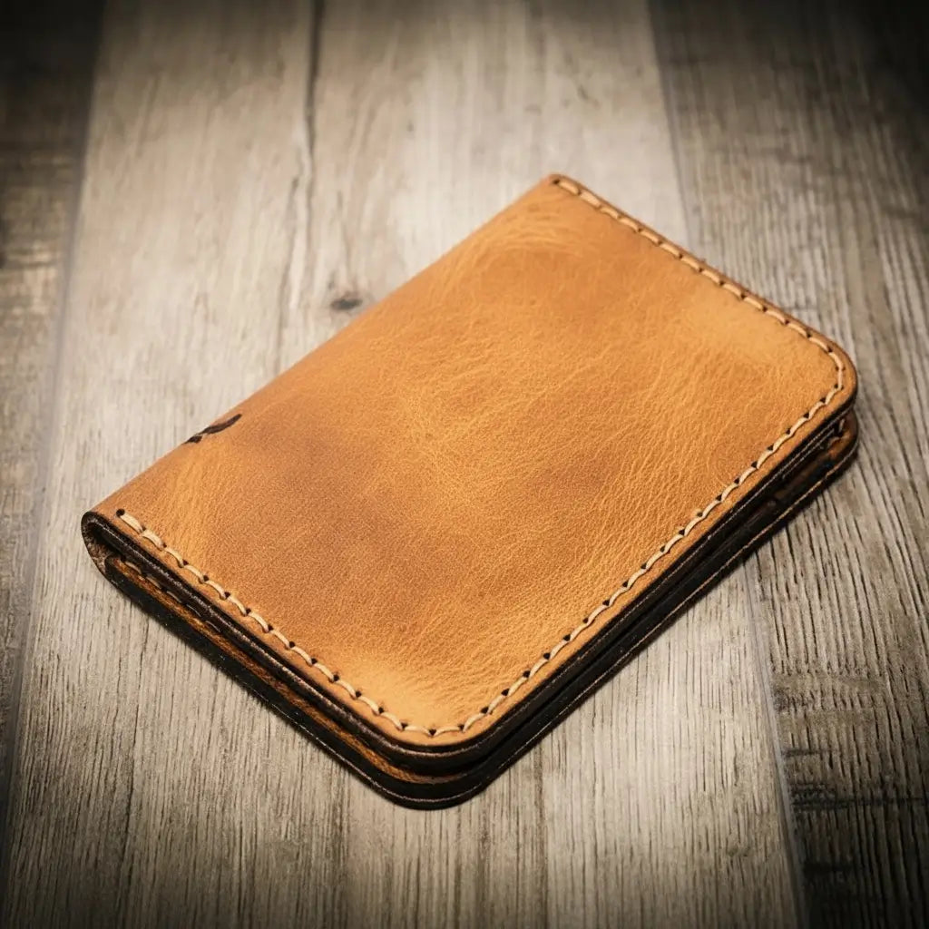 Vertical tan leather wallet closed, rounded corners and contrast edge stitching