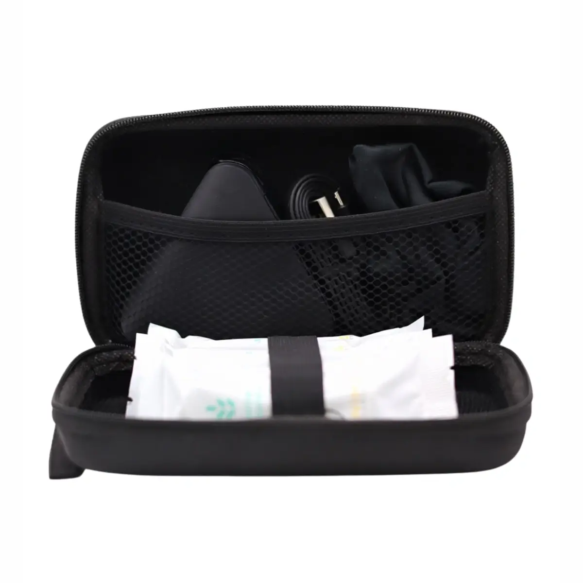 Open black travel case showing mesh pocket, cable, and tissue packets