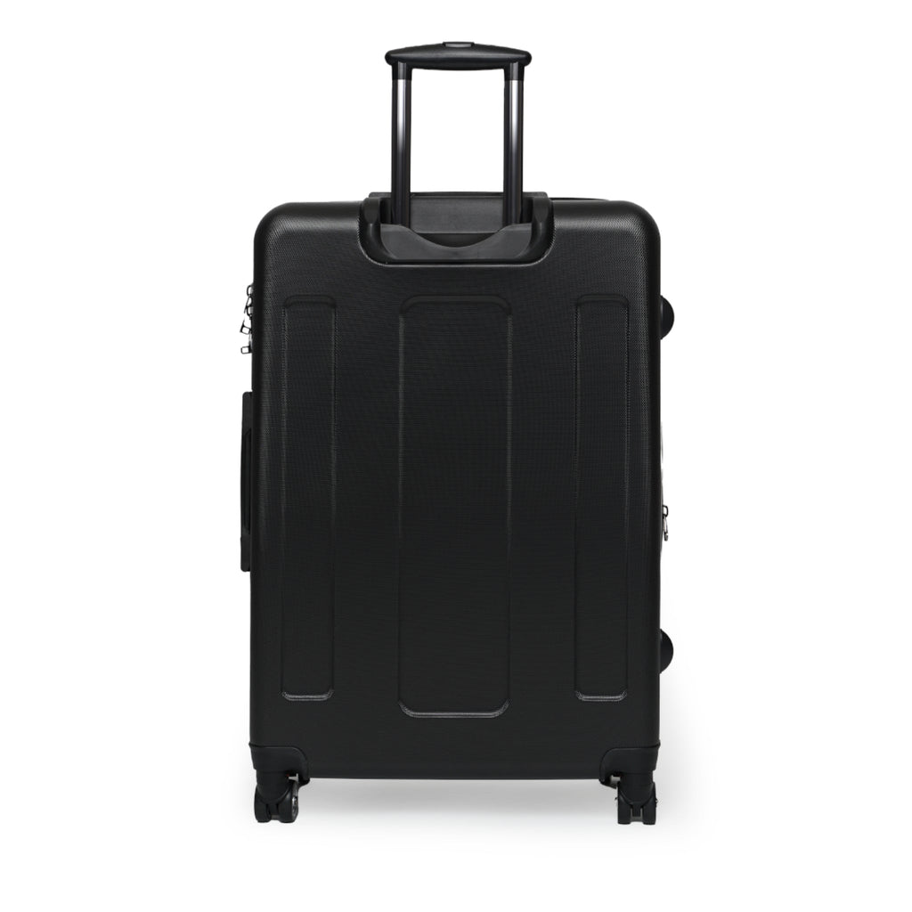 Black hard-shell suitcase back with built-in handle and four caster wheels