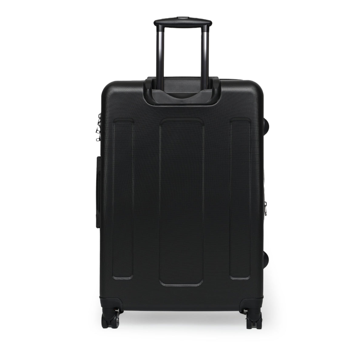 Black hard-shell suitcase back with built-in handle and four caster wheels