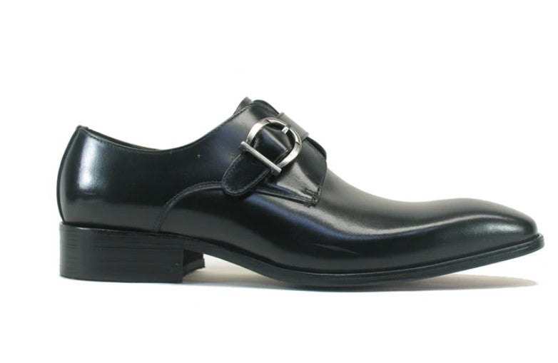 Black monk strap leather dress shoe, side view with buckle closure
