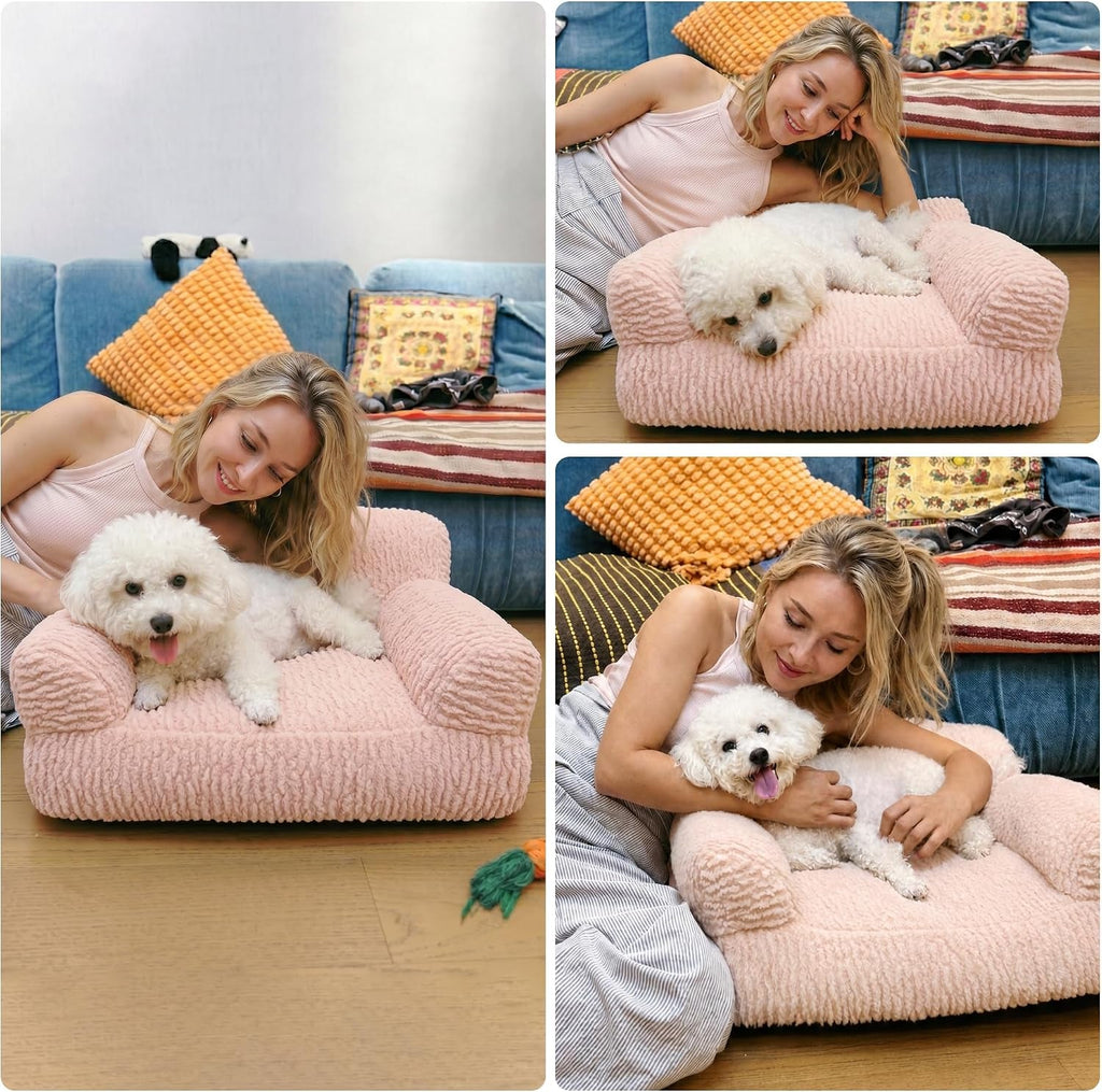 Pink cat sofa bed shown with a small dog in three views.