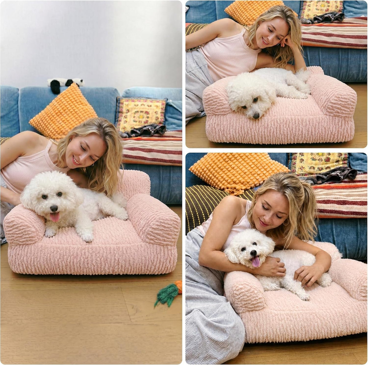 Pink cat sofa bed shown with a small dog in three views.