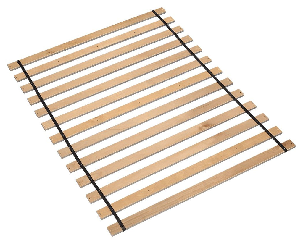 Wood bed support slats with black frame rails