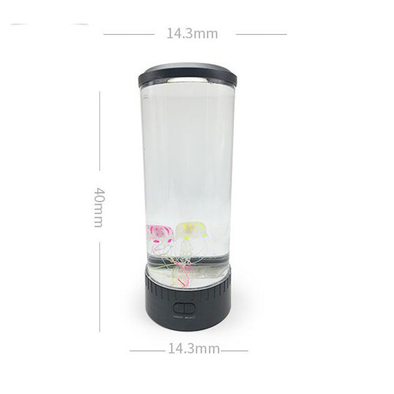 USB-powered LED jellyfish aquarium night light, clear cylinder with black base and jellyfish