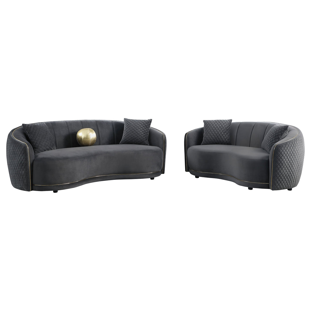 Dark grey velvet sofa set with two separate curved sofas, quilted sides and gold trim