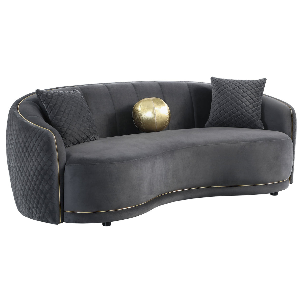 Dark grey velvet loveseat sofa with quilted back, plush seat, and gold accent trim