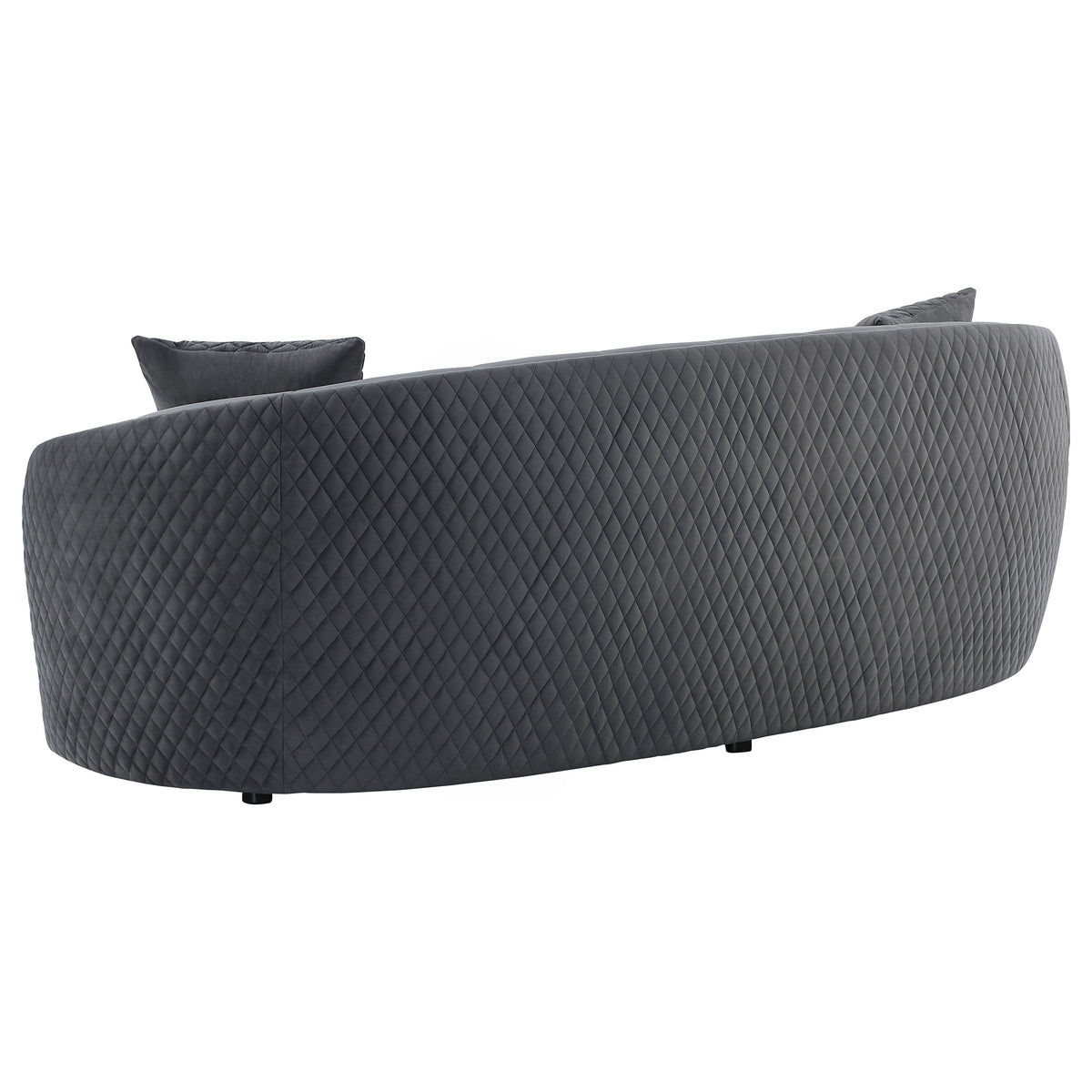 Dark grey velvet sofa with quilted side panels and two back cushions, gold trim piping