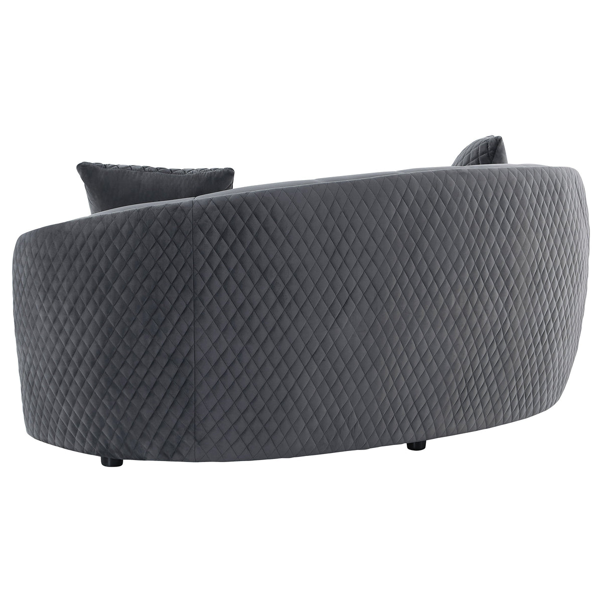 Dark grey velvet curved sofa with quilted texture, two back cushions, gold trim piping