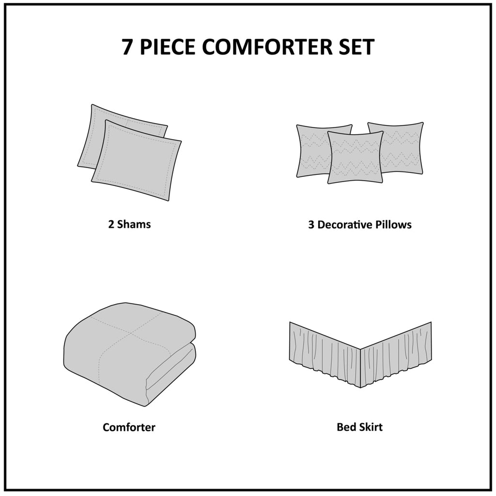 Layout diagram of 7-piece queen comforter set: comforter, bed skirt, shams, pillows
