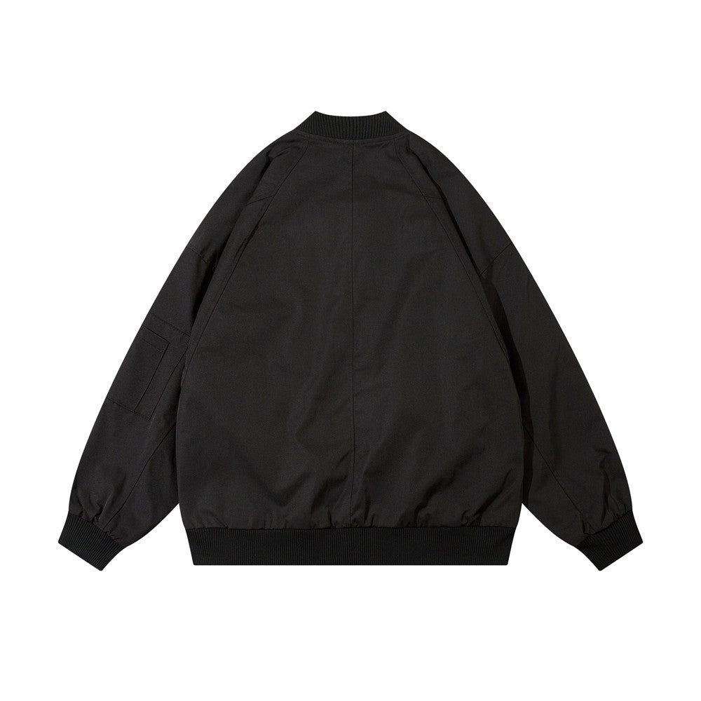 Black men's jacket coat, back view with ribbed cuffs and elastic hem