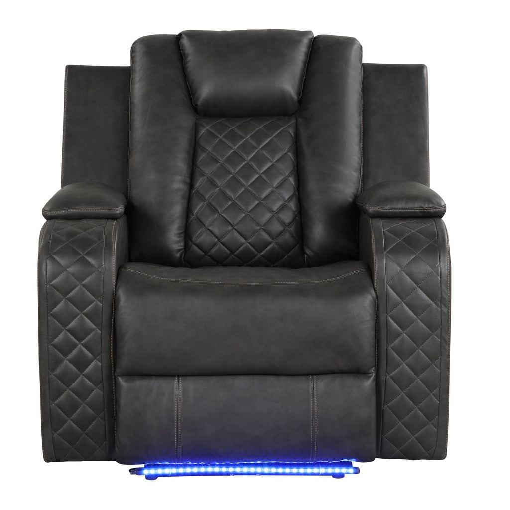 Black LED power recliner chair, quilted side panels and backrest, blue LED light below