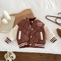 Kids reddish-brown quilted baseball jacket with snap buttons and striped ribbed sleeves