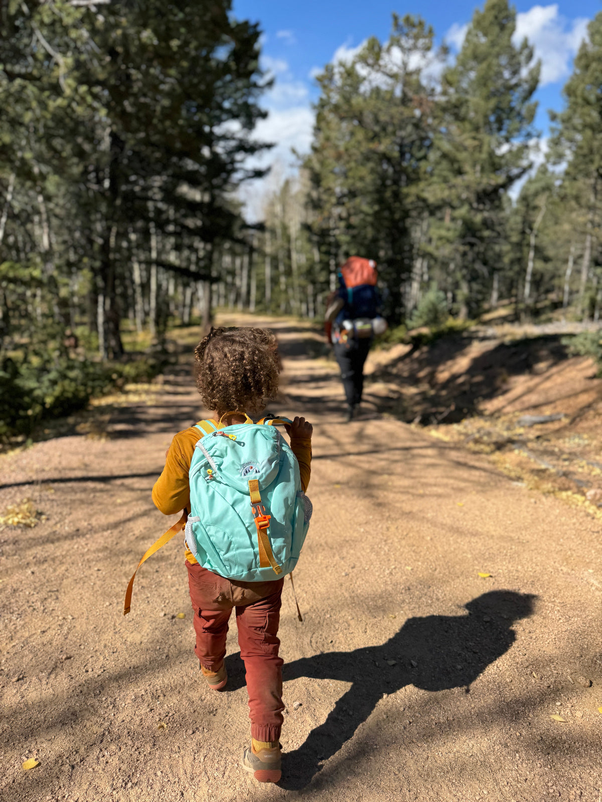 Light blue kids hiking backpack worn by child, orange straps, day-hike size
