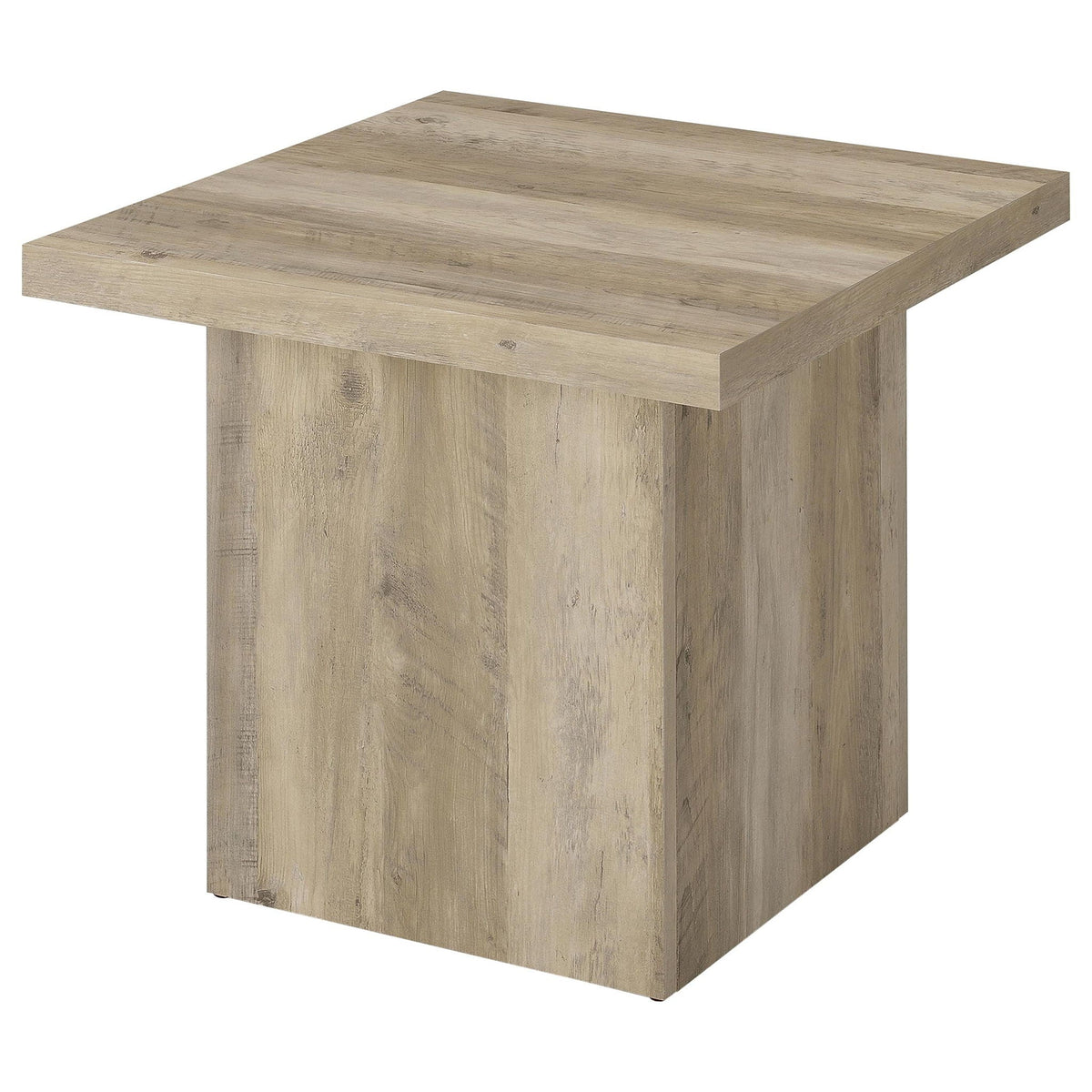 Distressed light pine square engineered wood end table, corner view