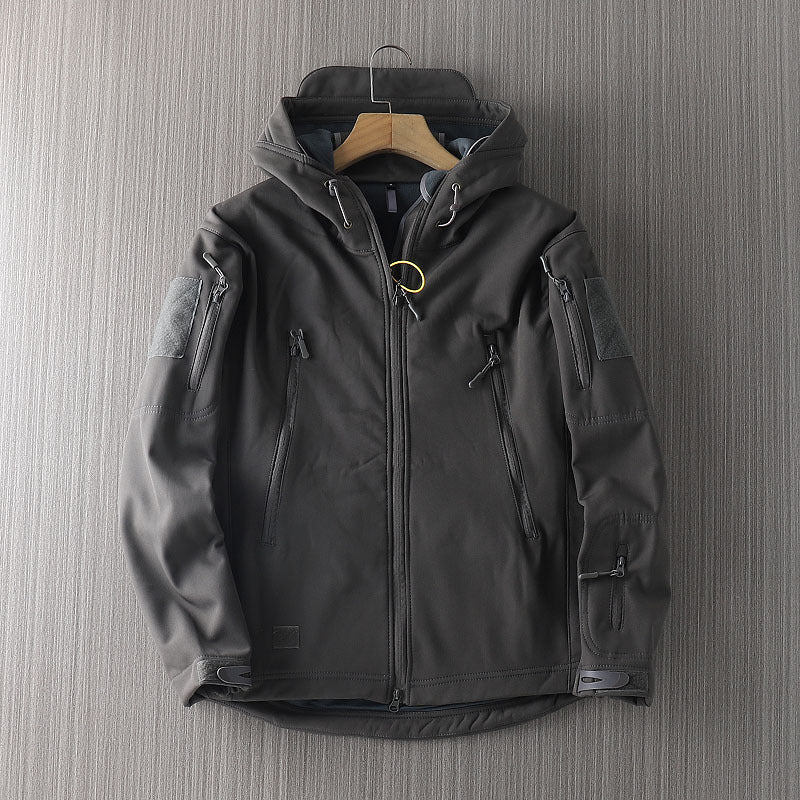 Men's waterproof shell jacket in dark gray, front zip and side utility pockets