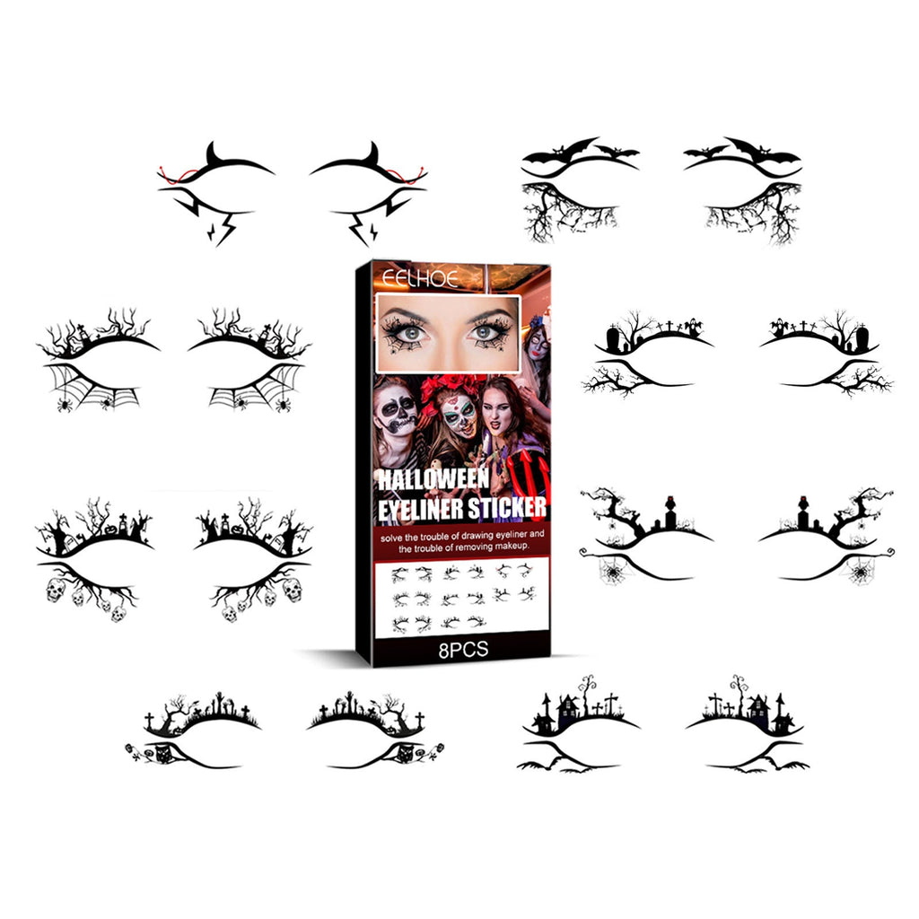 Assorted Halloween eyelinder sticker shapes on sheet, plus 8-piece package box.
