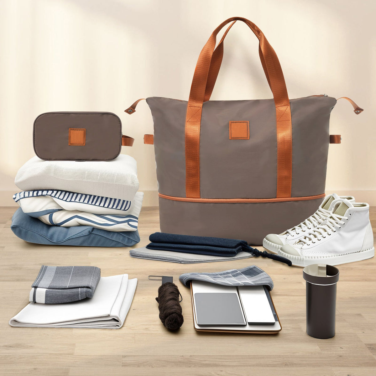 3-piece travel set with grey duffel bag and matching small pouch for packing