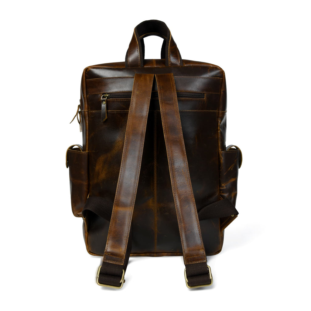Brown leather backpack from back view with adjustable shoulder straps and side tabs