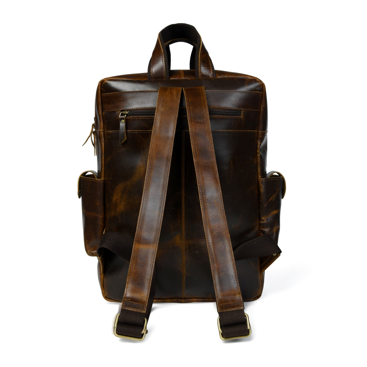 Brown leather backpack from back view with adjustable shoulder straps and side tabs