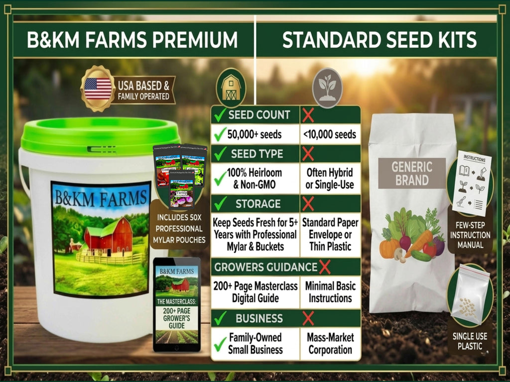 Seed kit info panel showing seed counts, non-GMO, storage, and growers guidance