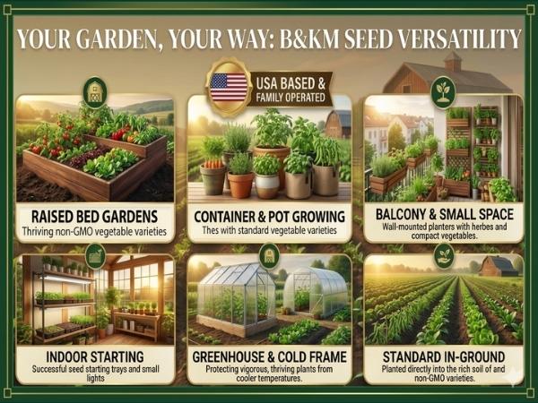 Seed versatility guide panel showing garden bed, container, balcony, and greenhouse growing options