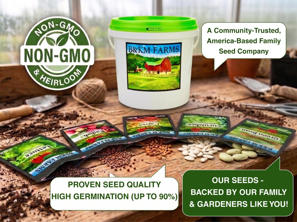 Non-GMO heirloom seal over a green-lid seed vault bucket with seed packets on soil