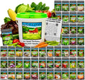 Green-lid seed vault bucket with B&KM FARMS label and assorted vegetable seed packets