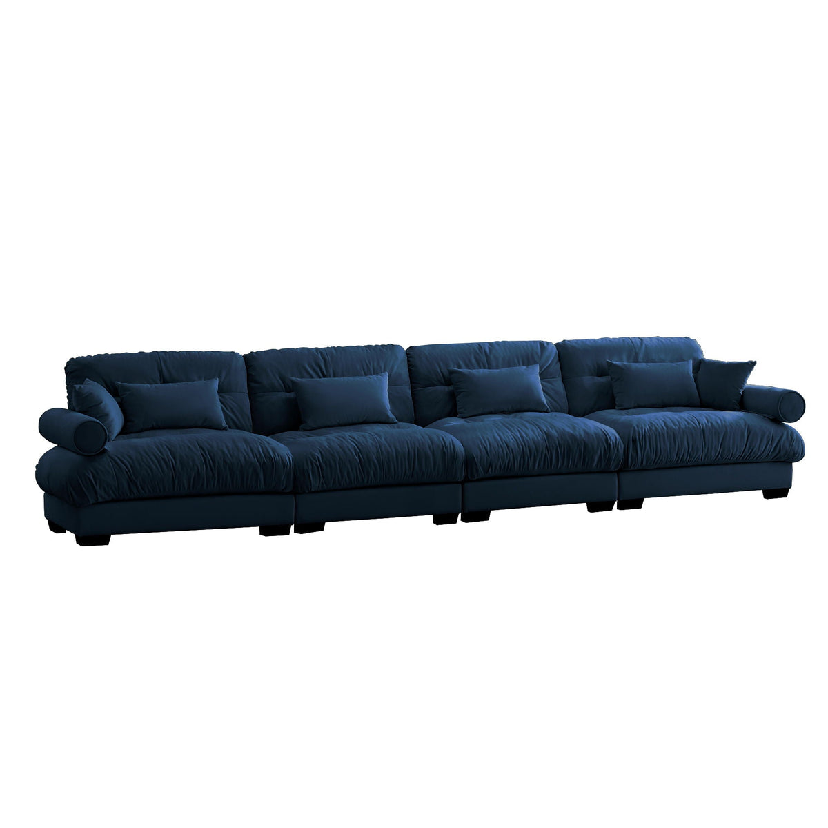 Blue modular L-shaped sectional sofa, tufted back cushions and deep seat