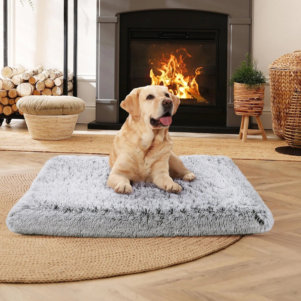 Gray rectangular plush dog bed with stitched top edge