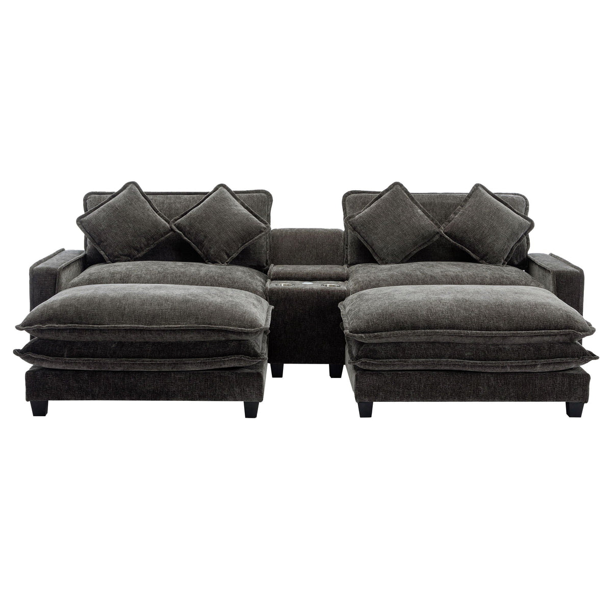 Dark gray sectional sofa with removable ottomans, cushioned armrests, square pillows