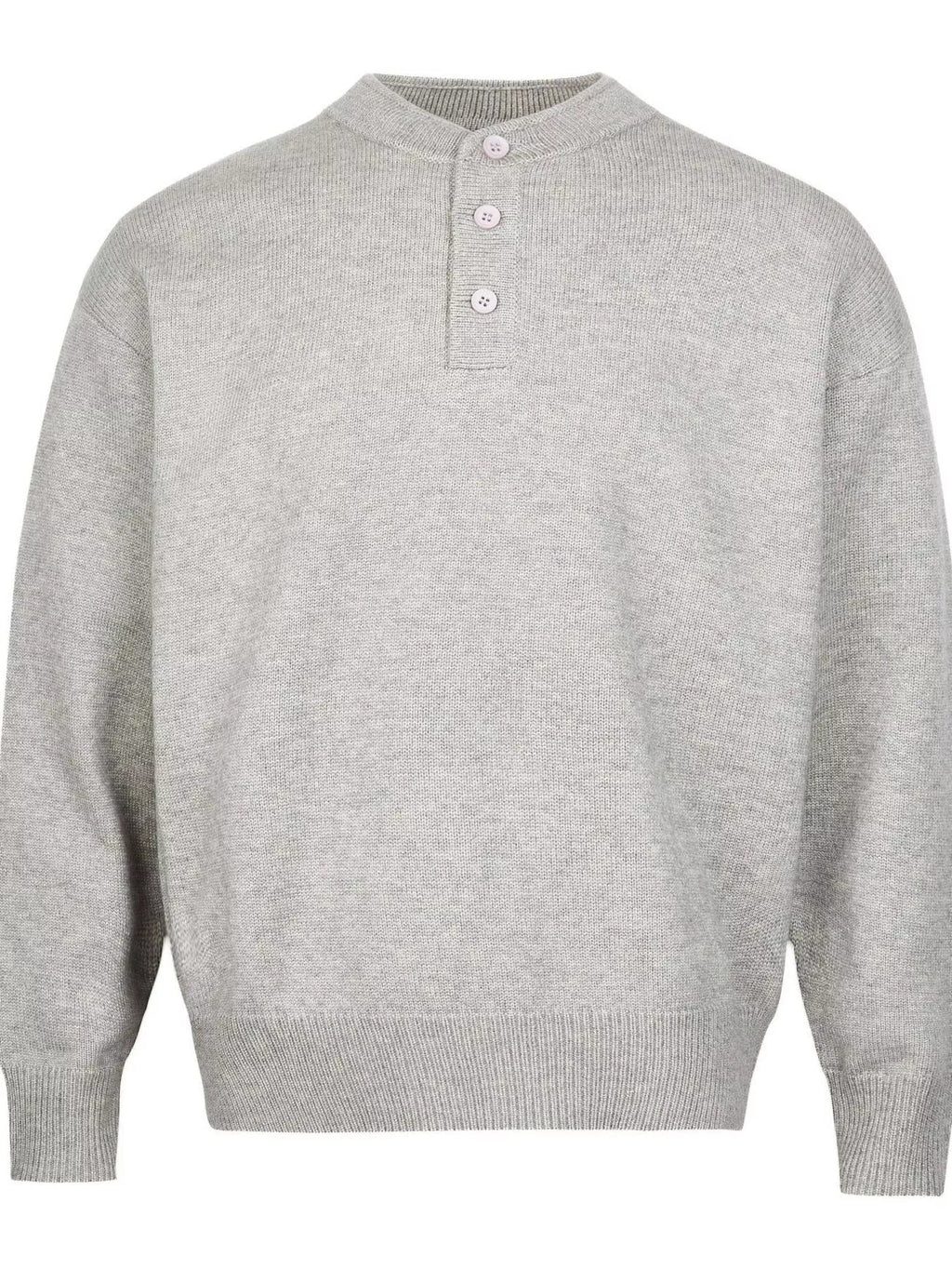 Light gray drop-shoulder knit sweater with three-button placket and ribbed hem