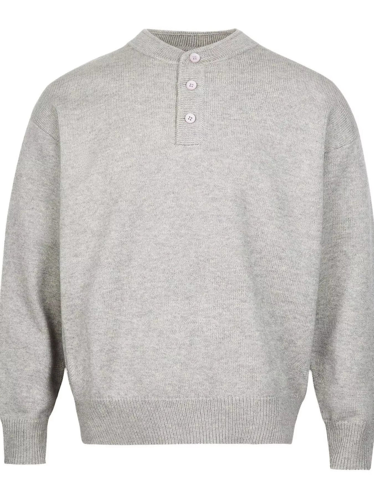 Light gray drop-shoulder knit sweater with three-button placket and ribbed hem