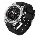 Waterproof dual-display sport watch, black silicone strap with black dial and silver case