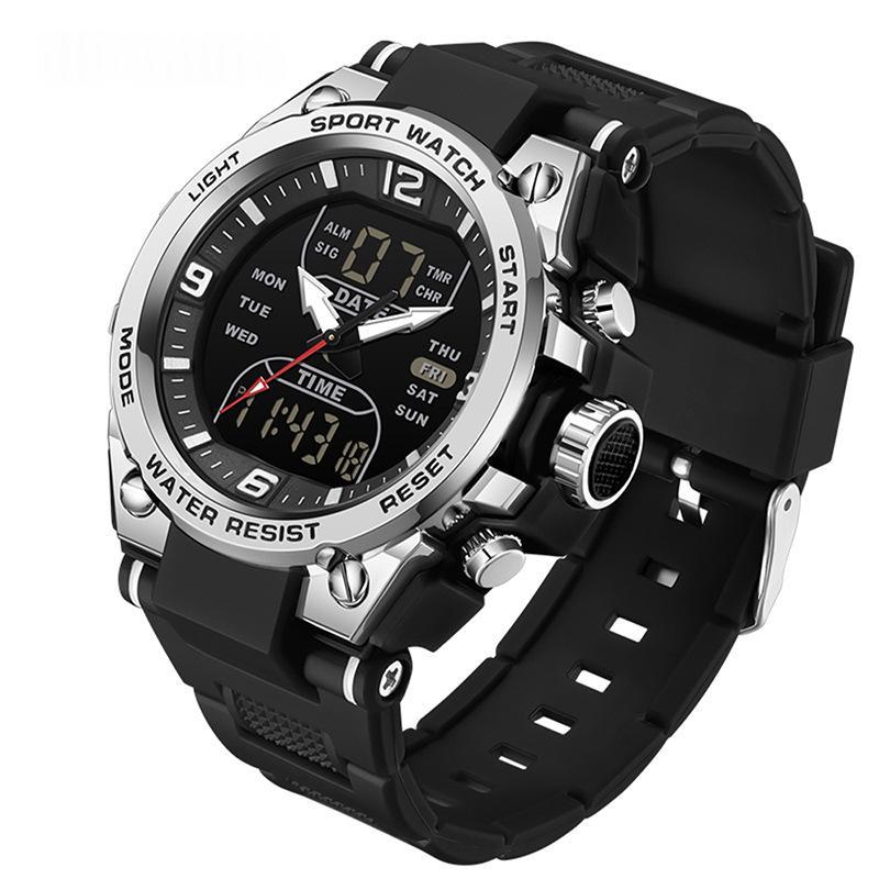 Waterproof dual-display sport watch, black silicone strap with black dial and silver case
