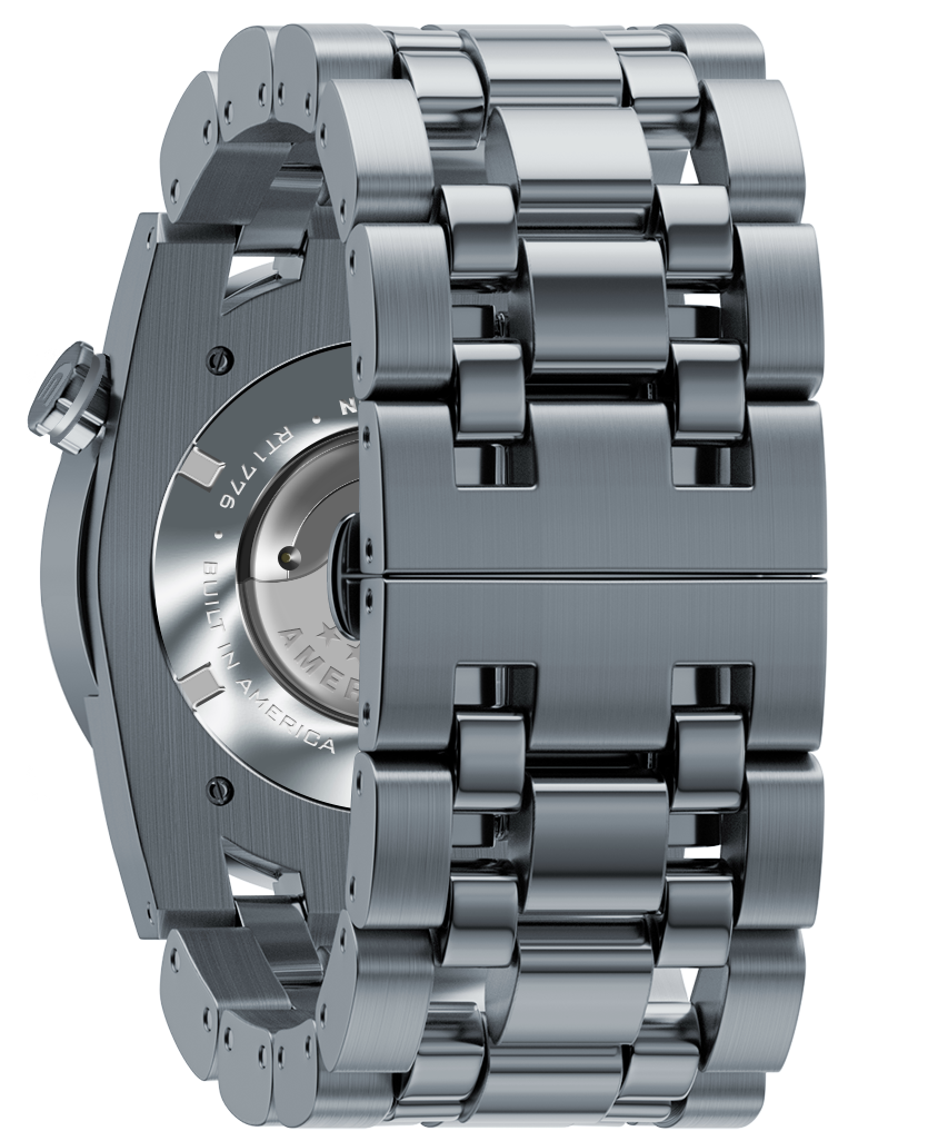Silver metal watch case and bracelet, side view with crown and round dial