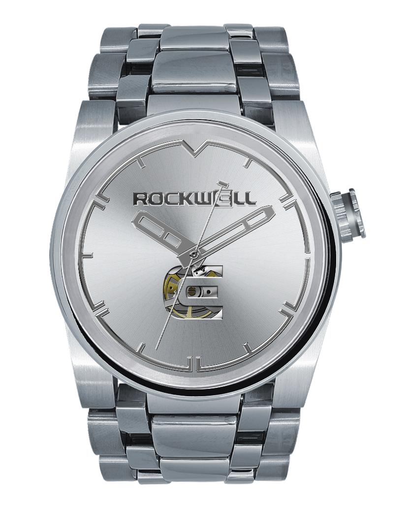 Silver automatic wristwatch with metal bracelet, round dial, visible crown and hands