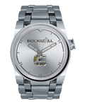 Silver automatic wristwatch with metal bracelet, round dial, visible crown and hands