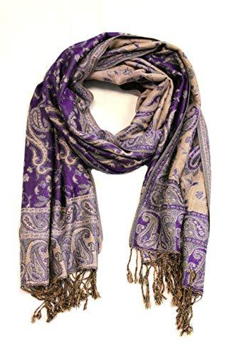 Purple paisley pashmina shawl with ornate motifs and long multicolor fringe tassels