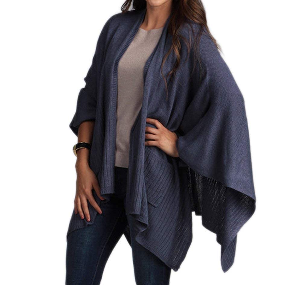 Indigo knitted poncho cape shawl with pockets, draped open front for layering