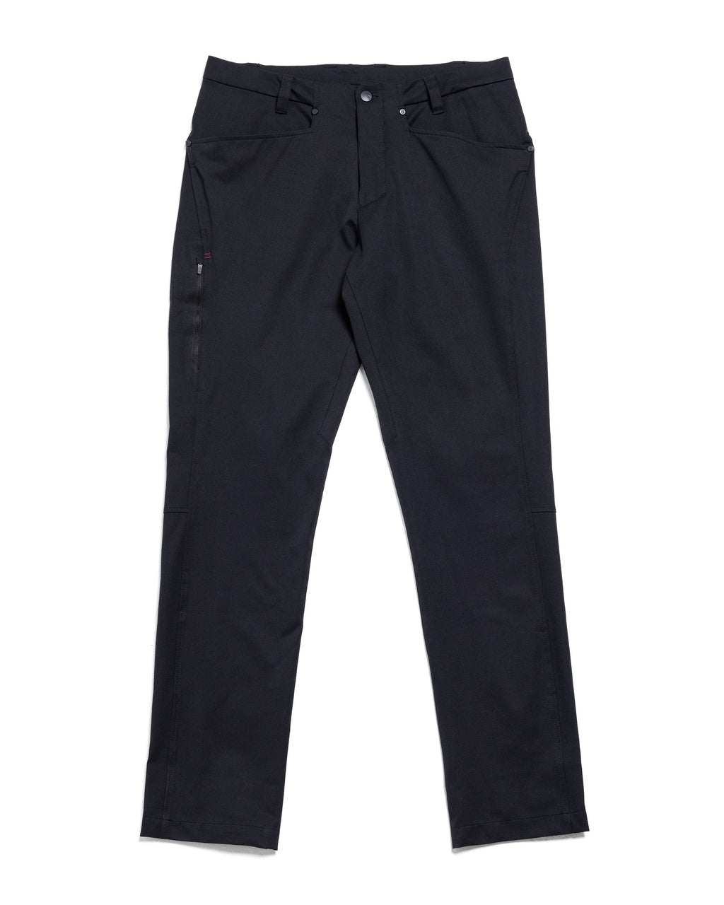 Black chino pants, flat lay view, with drawstring waist and side pockets.