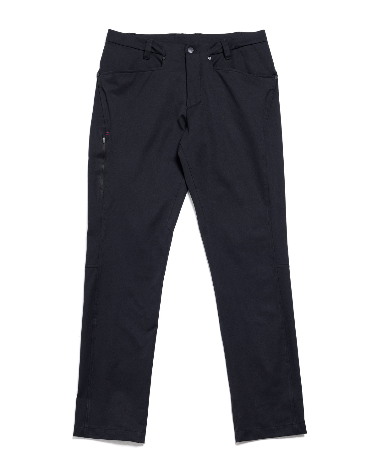 Black chino pants, flat lay view, with drawstring waist and side pockets.