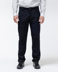 Men's black chino pants with belt loops and front button closure.