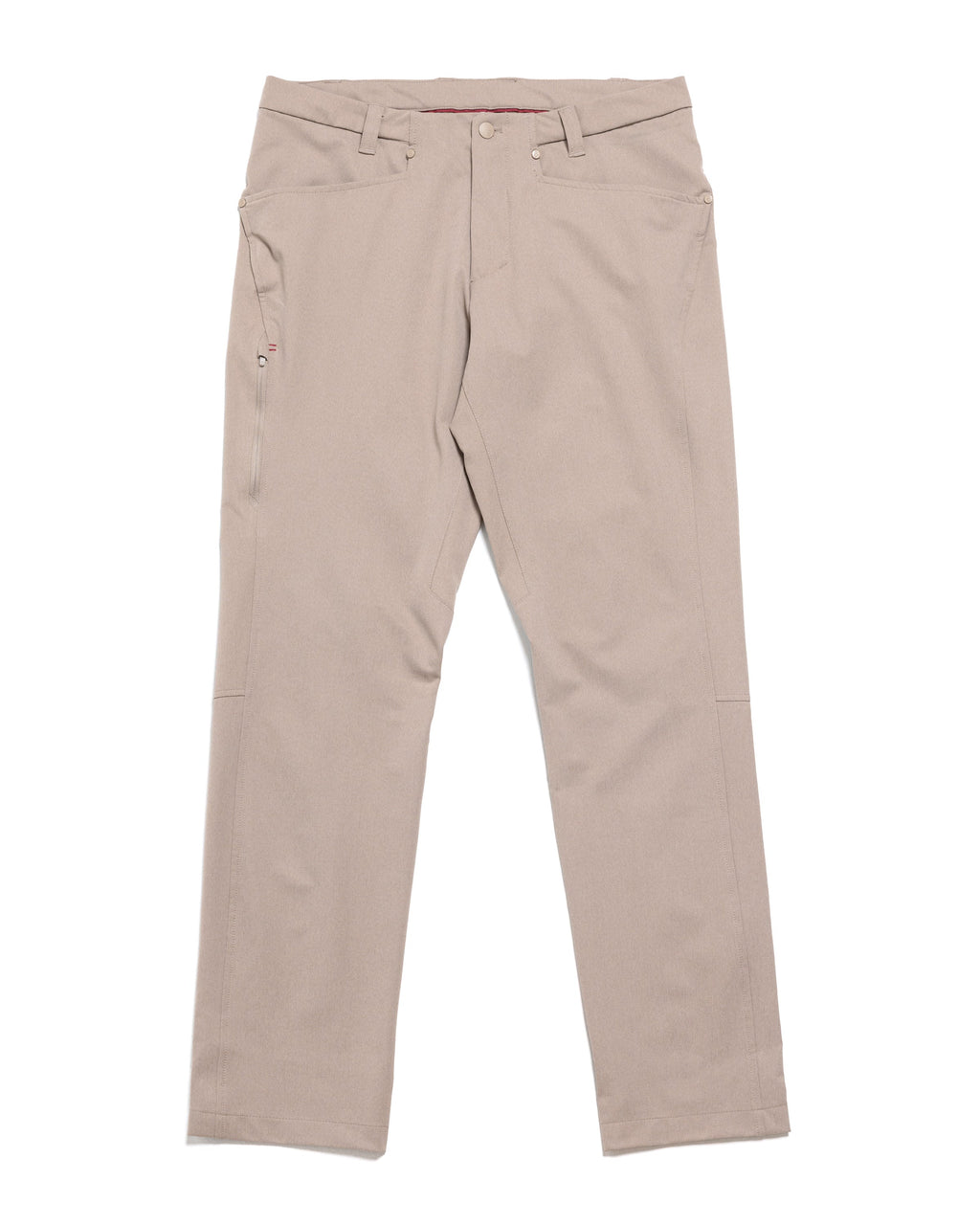 Tan chino pants laid flat, straight-leg cut, button fly